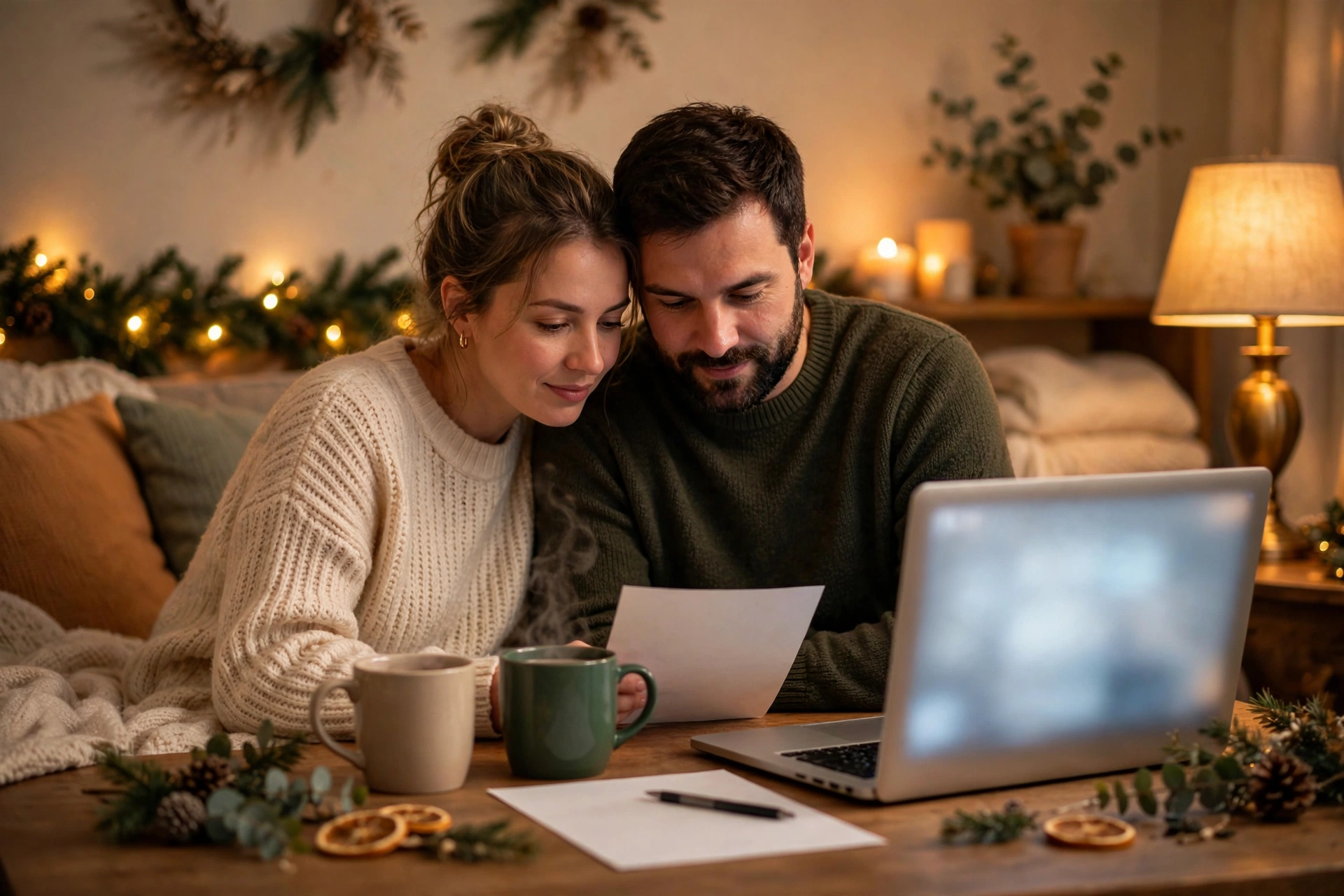 Couple planning their holiday schedule together on a couch with a laptop