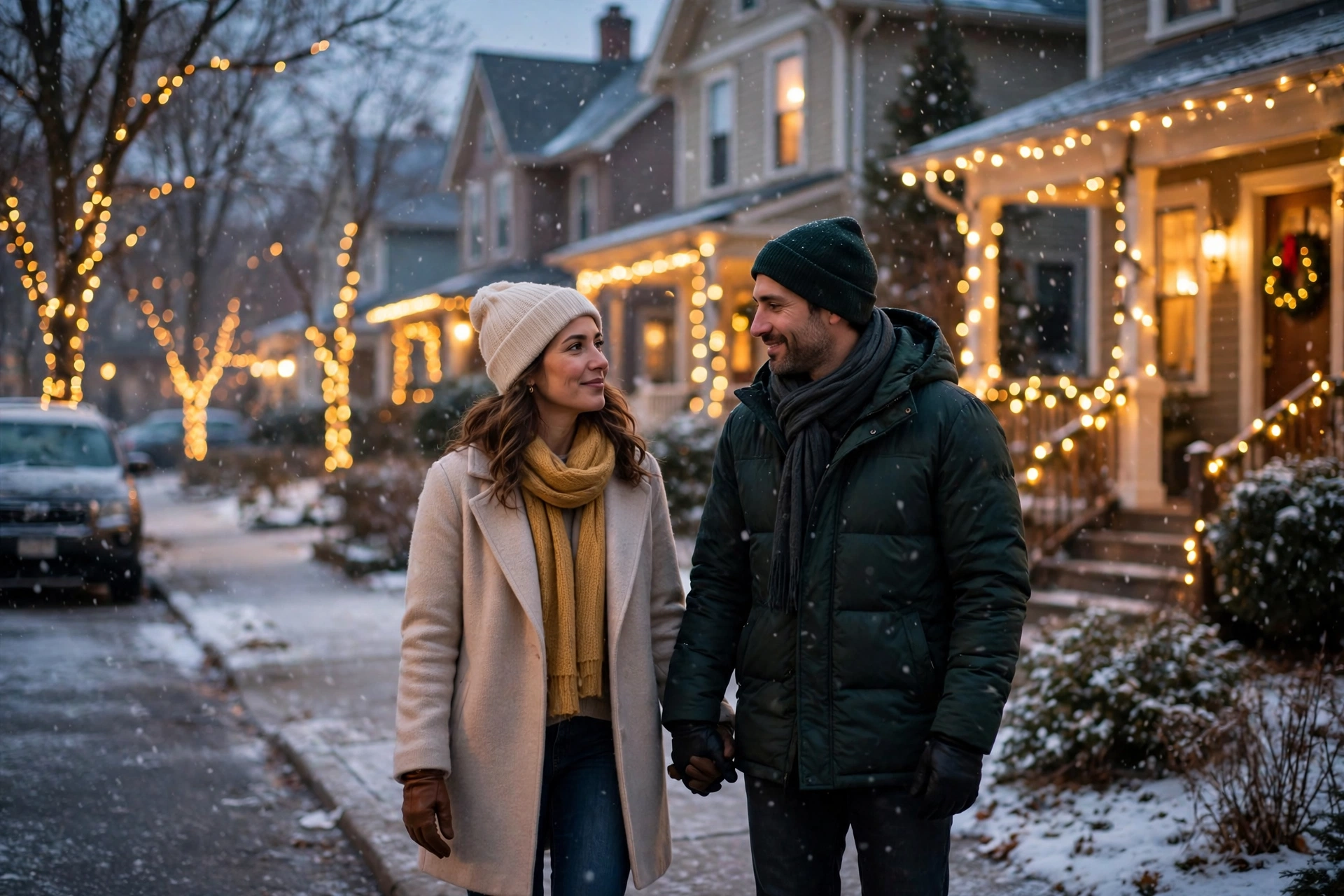 Couple taking a peaceful evening walk under holiday lights in winter