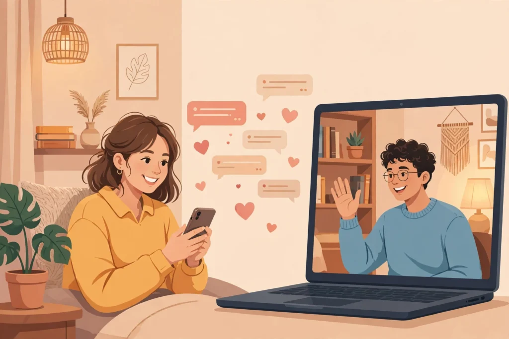 How often should long distance couples talk — a happy couple staying connected on a video call across the miles