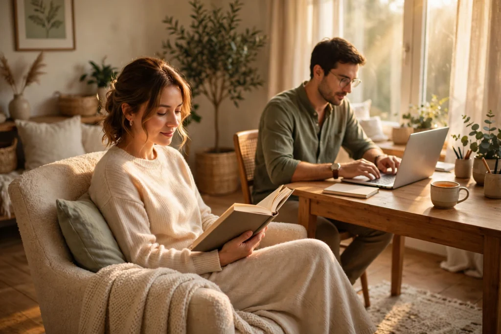 Couple in a cozy living room learning how to ask for alone time in a healthy way