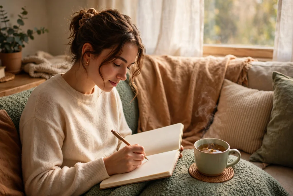 Woman journaling peacefully on a couch during personal me-time at home