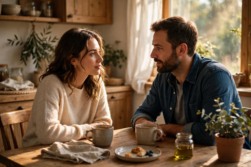 Couple having an honest caring conversation over coffee at the kitchen table
