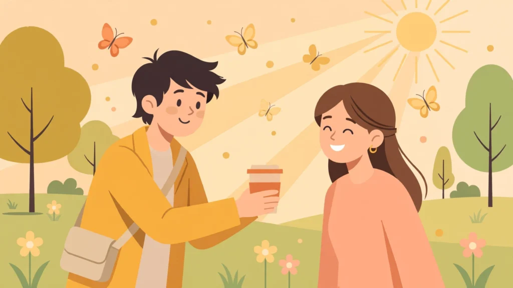 How to ask someone out — young man offering coffee to a smiling woman in a sunny park