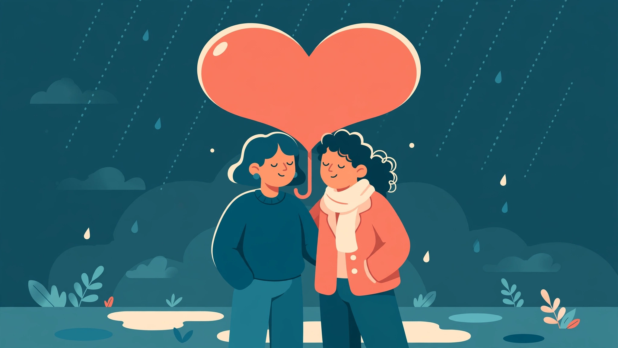 Partners sheltering together under a heart-shaped umbrella symbolizing emotional safety