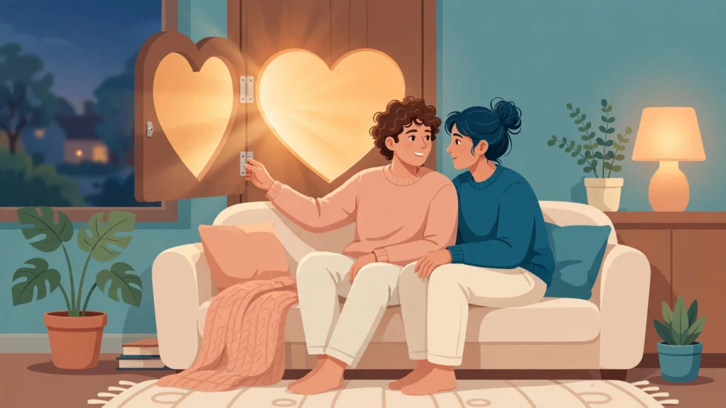 Illustration of a couple learning how to be emotionally vulnerable in a heartfelt conversation