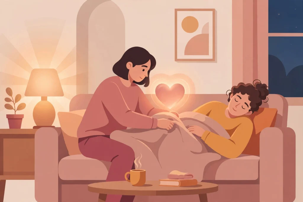 Couple learning how to be more romantic with a small everyday gesture at home.