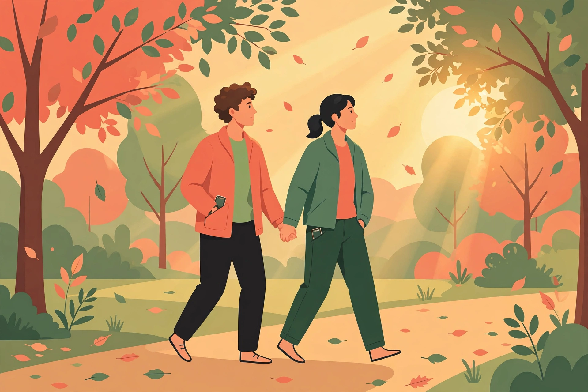 Couple holding hands on a romantic walk at golden hour, phones put away