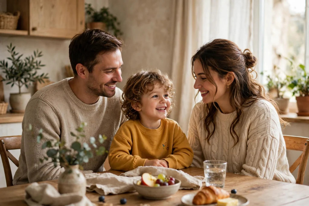 Parents learning how to co-parent after divorce peacefully while sharing a meal with their child