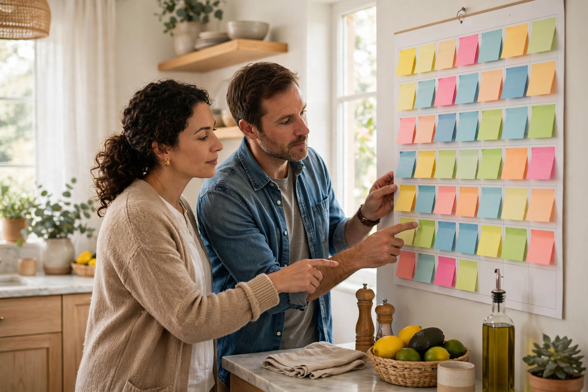 Co-parents reviewing a shared family calendar to coordinate their children's schedules