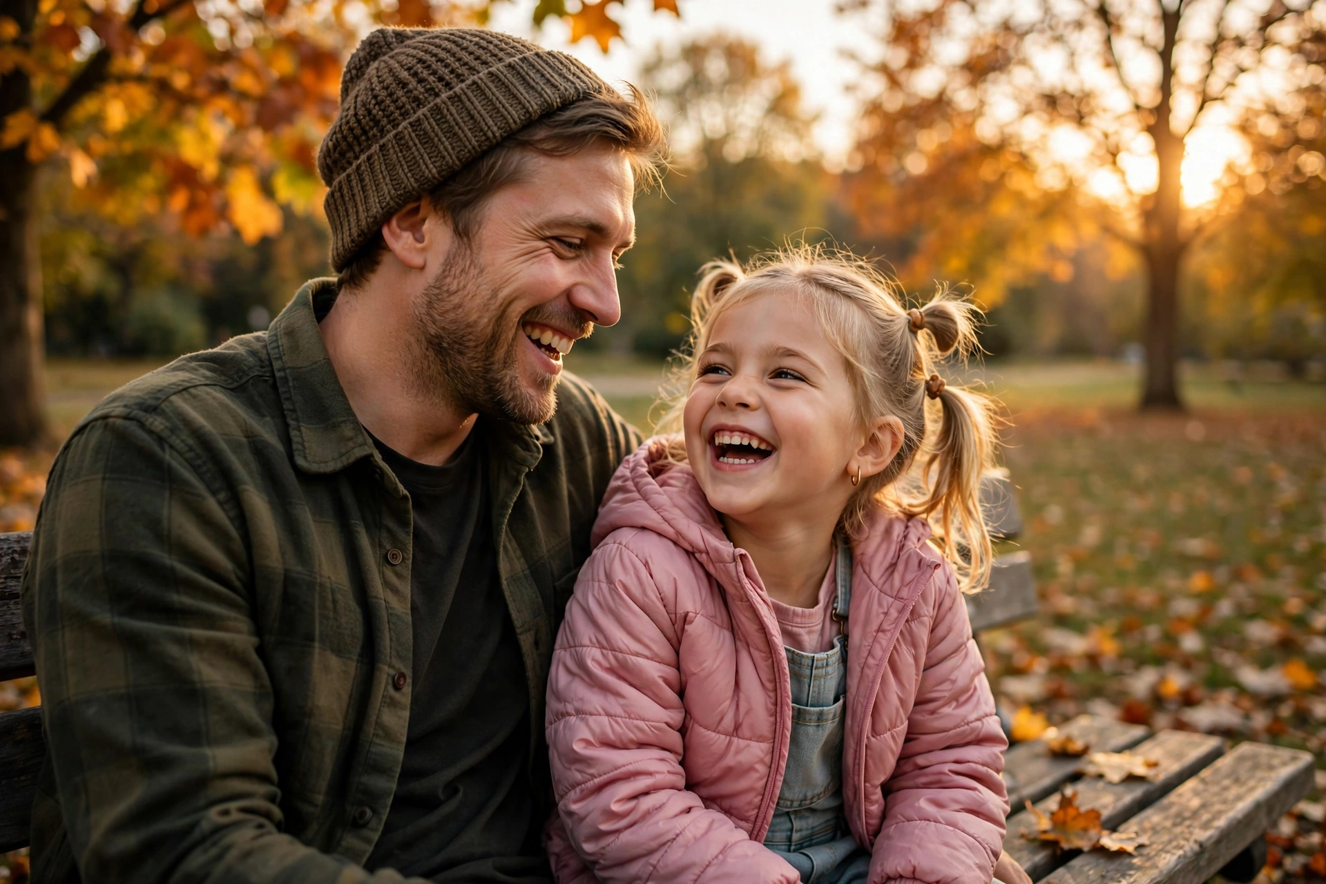 Father and young daughter laughing together on a park bench during quality time