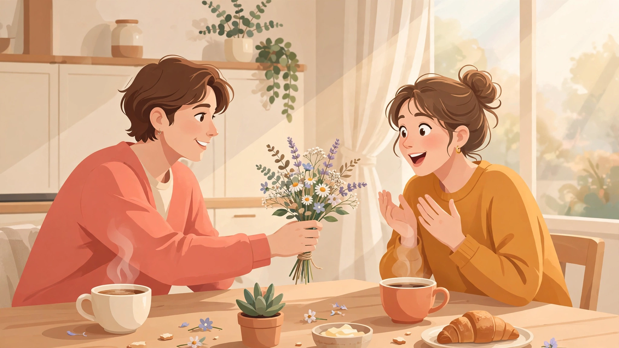 Partner handing flowers across a kitchen table as a compliment of appreciation