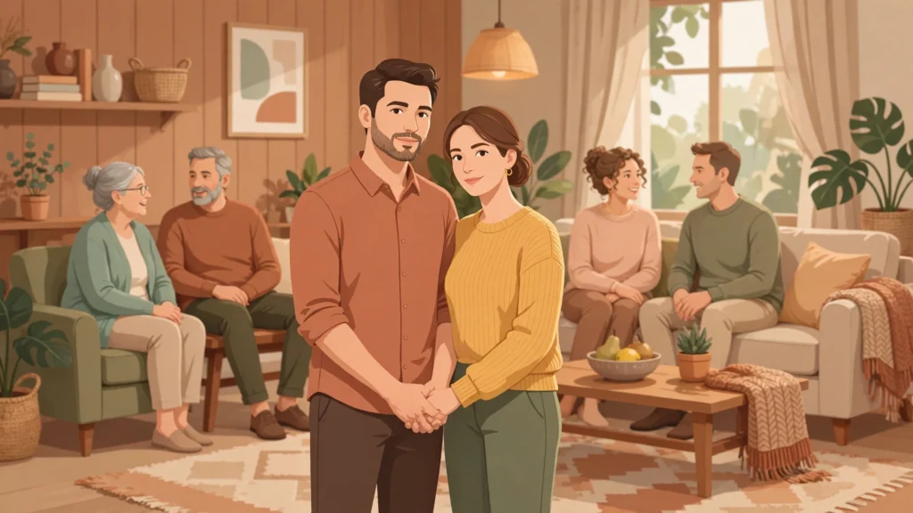 How to deal with difficult in-laws — couple standing united while extended family gathers behind them