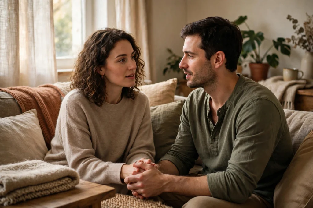 How to deal with trust issues — a couple having a calm, honest conversation on a couch