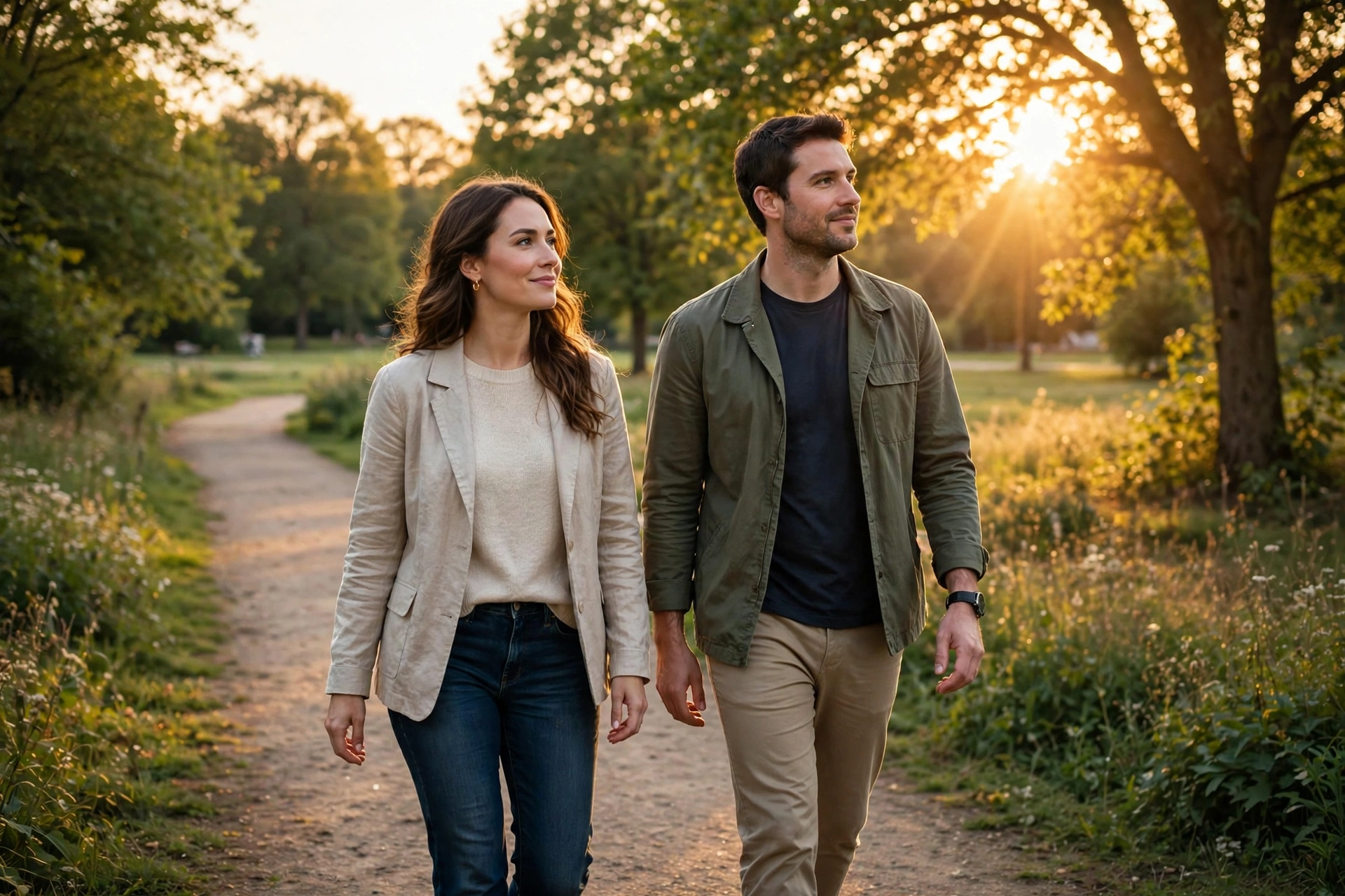 A couple walking together at golden hour — rebuilding trust and closeness