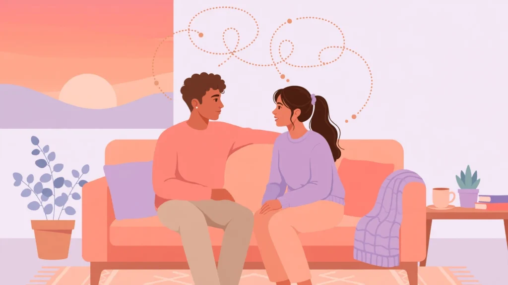 Couple sitting together having the how to define the relationship talk on a couch