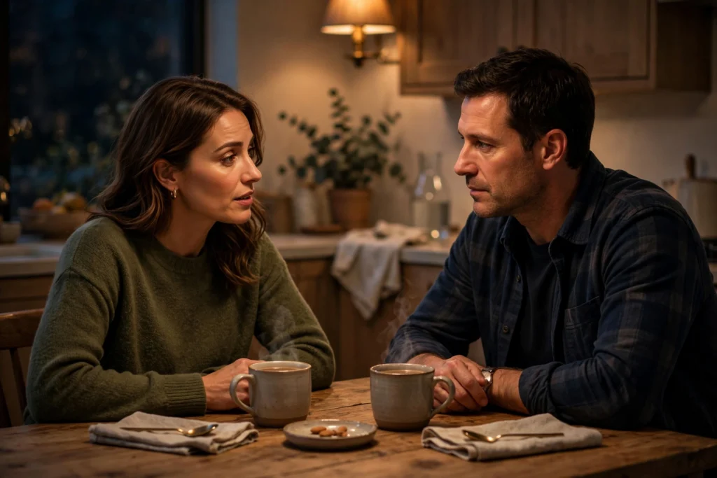 Couple having a calm late-night talk about how to disagree about parenting as a team