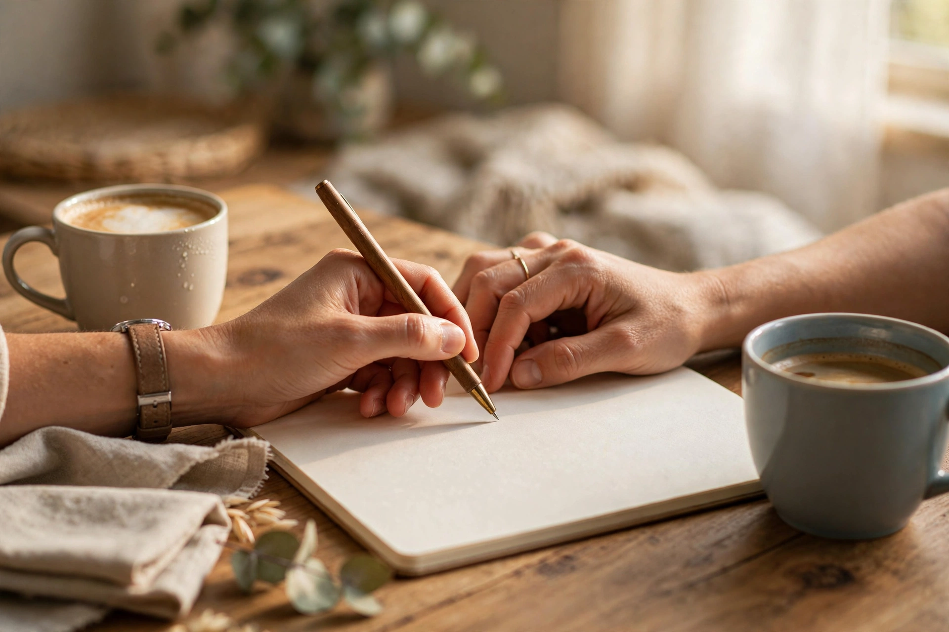 Parents' hands writing shared parenting rules in a notebook over coffee