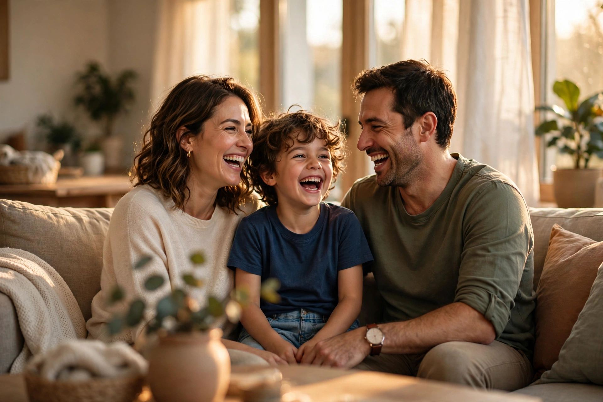 United parents laughing with their child on the couch in warm light