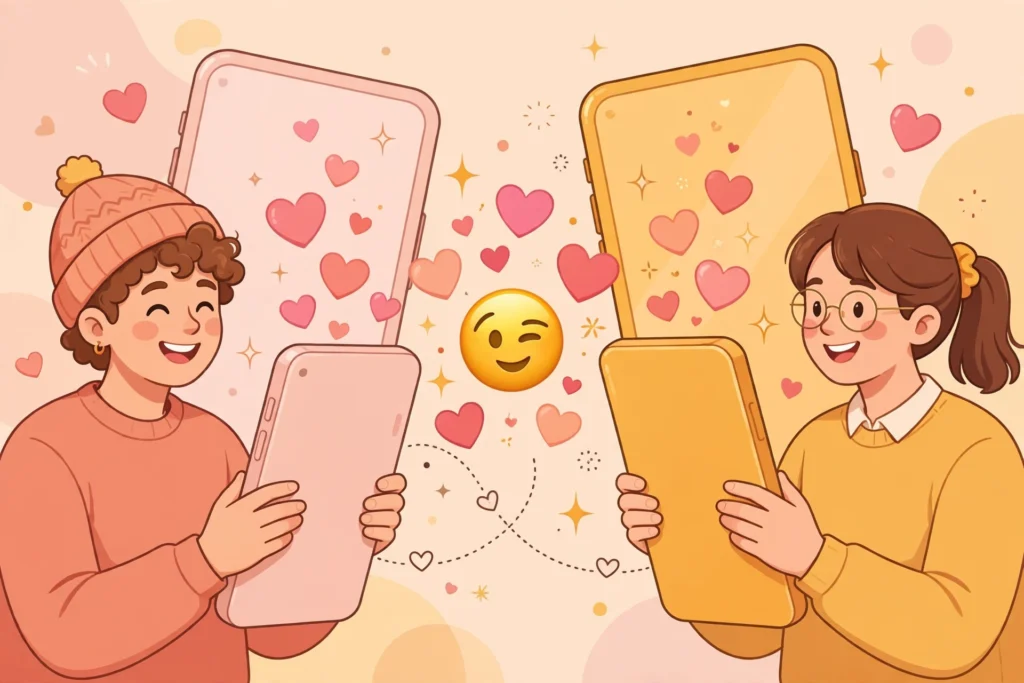 How to flirt over text examples — couple playfully texting each other with floating hearts
