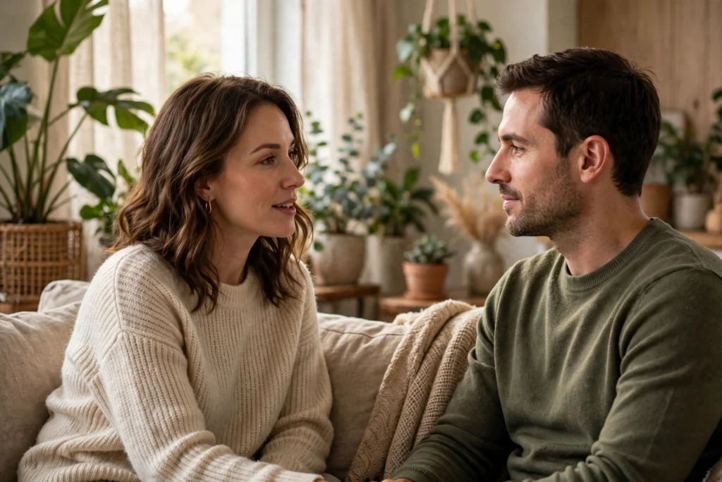 how to have difficult conversations — couple talking calmly on the couch in a safe setting