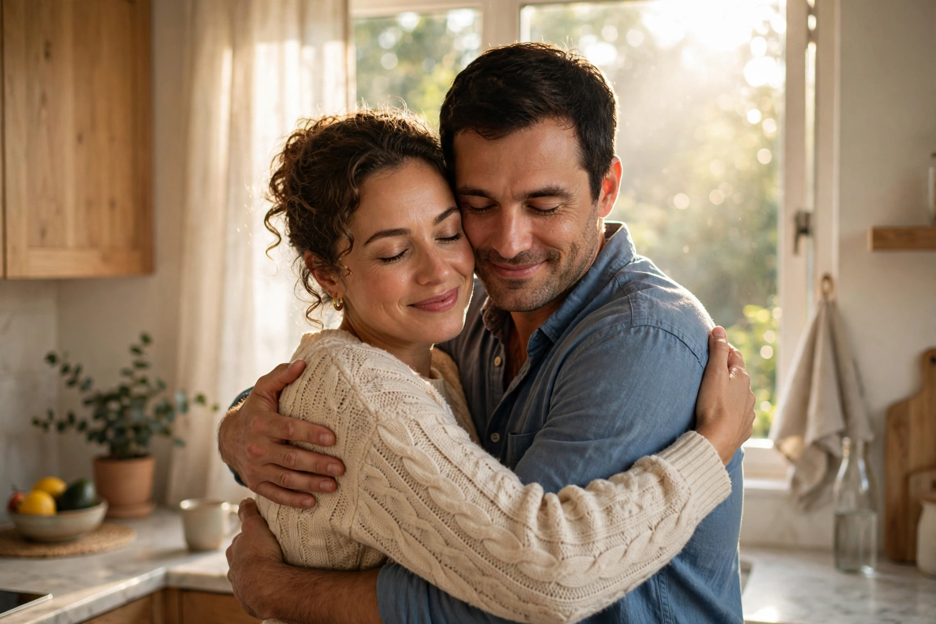 couple hugging in reconciliation after difficult conversations