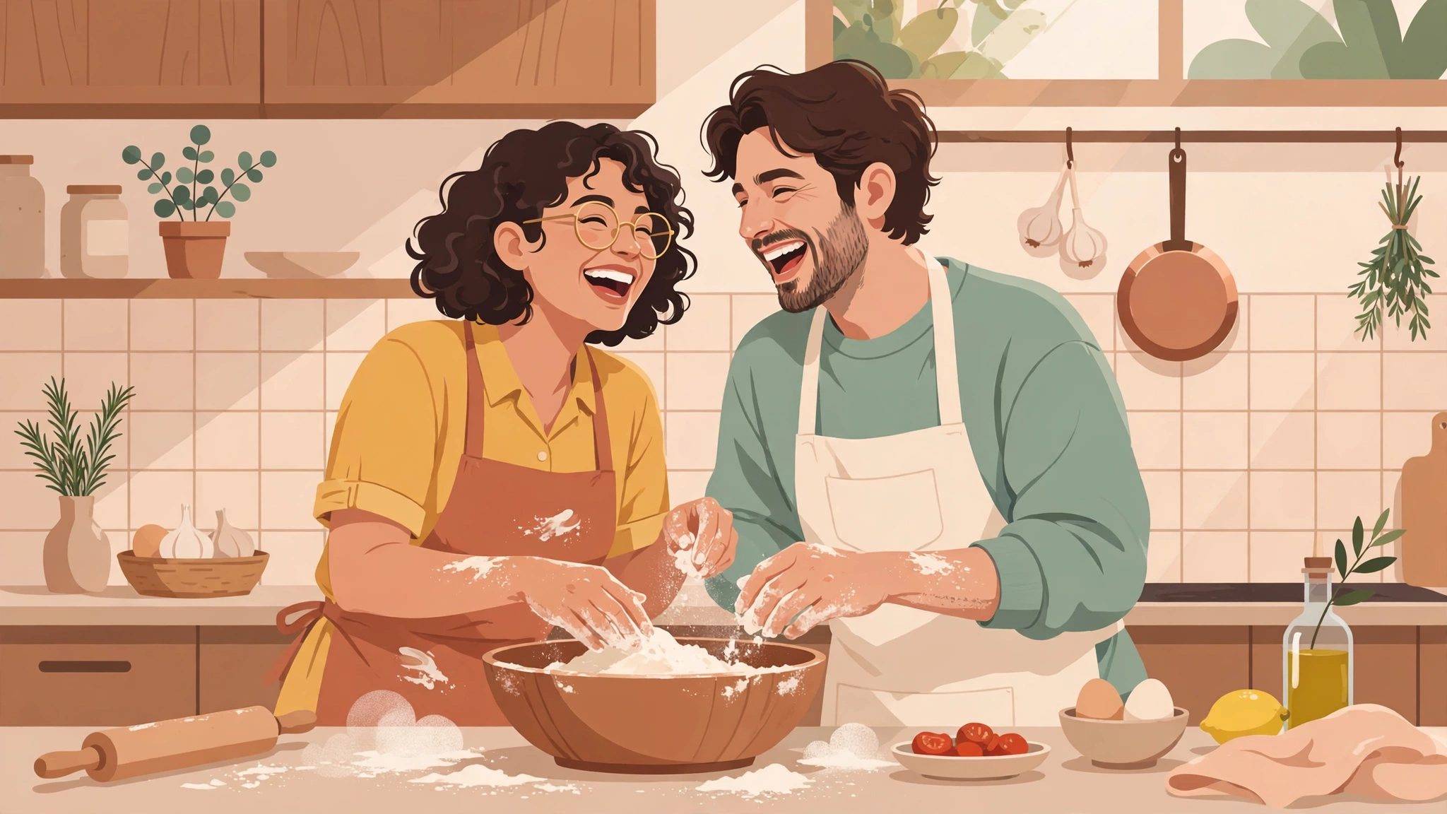 Couple cooking together and laughing — everyday playfulness that helps keep the spark alive in marriage