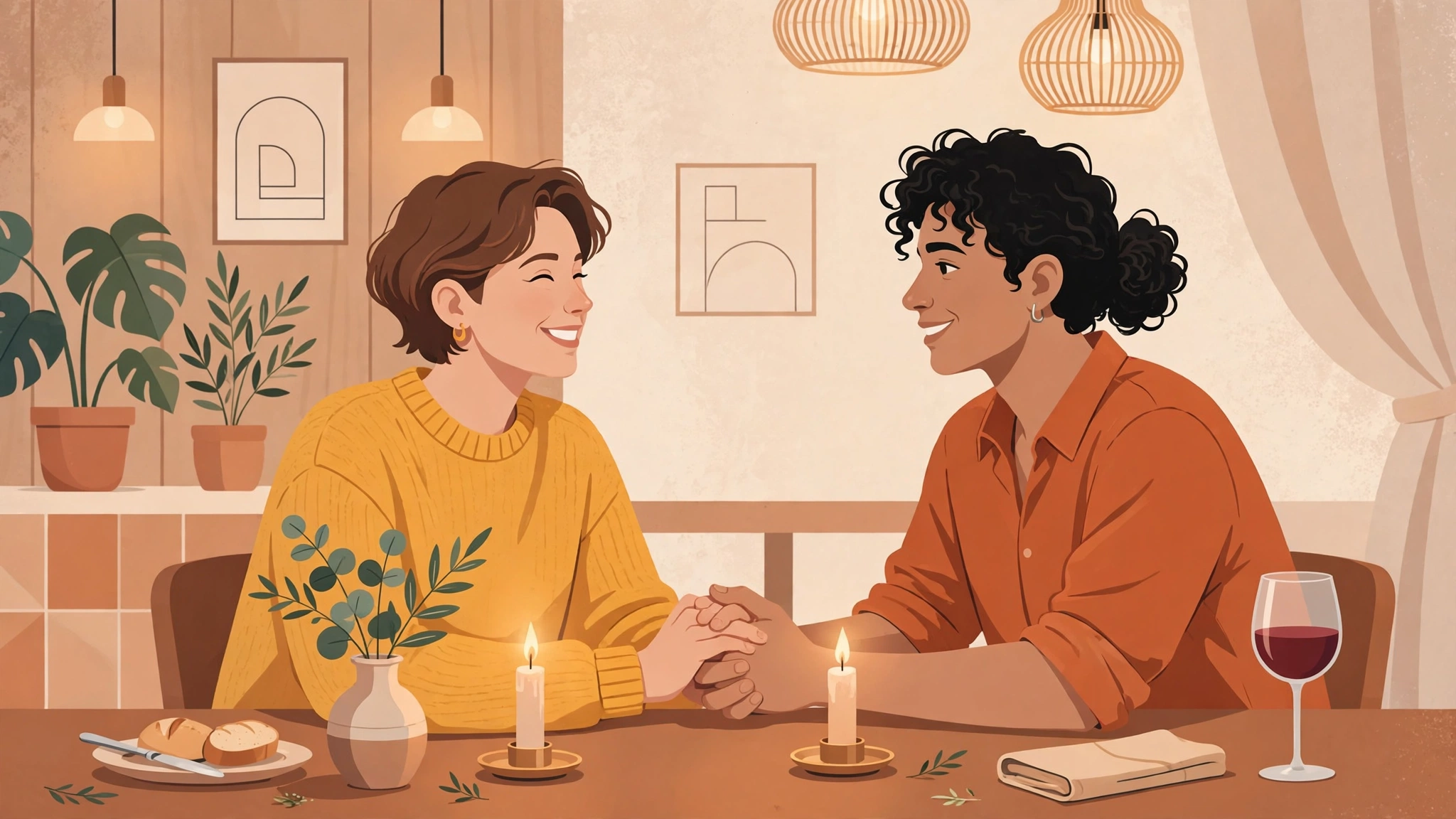 Couple on a weekly date night showing how to keep the spark alive in marriage with candles and conversation