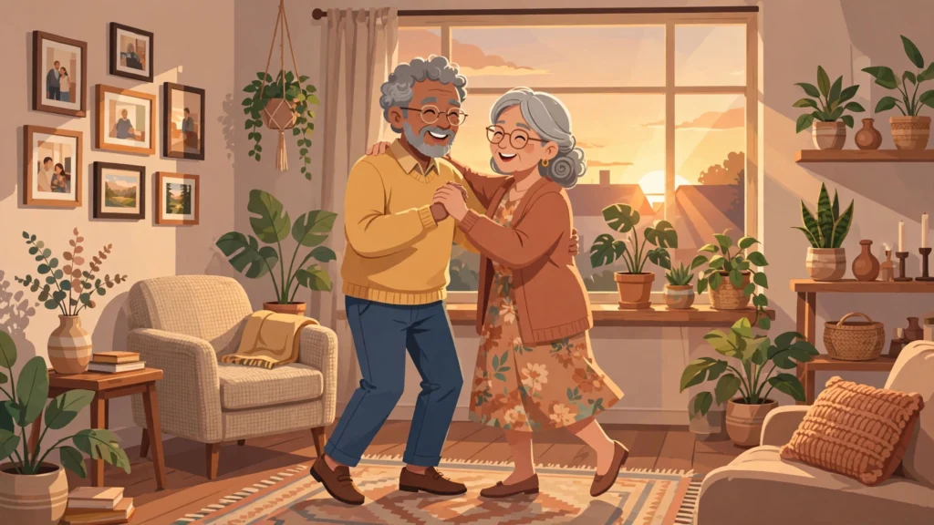 How to keep the spark alive in marriage — long-married couple dancing in their living room at sunset
