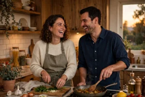 Happy couple discovering how to spice up your marriage while cooking dinner together in a warm kitchen