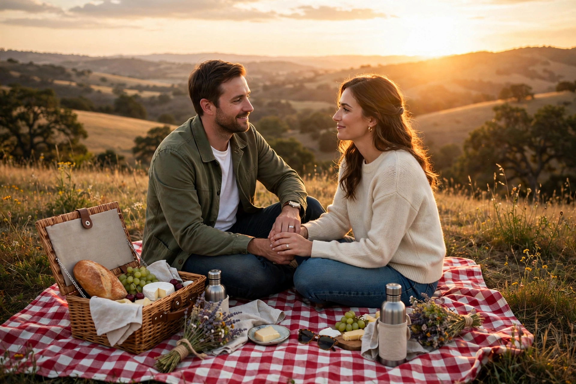 Couple holding hands on a sunset hilltop picnic, a novel date idea for married couples