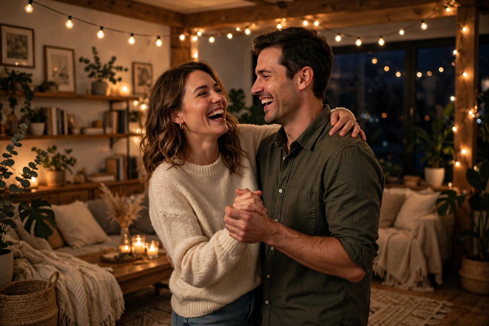 Couple laughing while slow dancing together in their living room at night