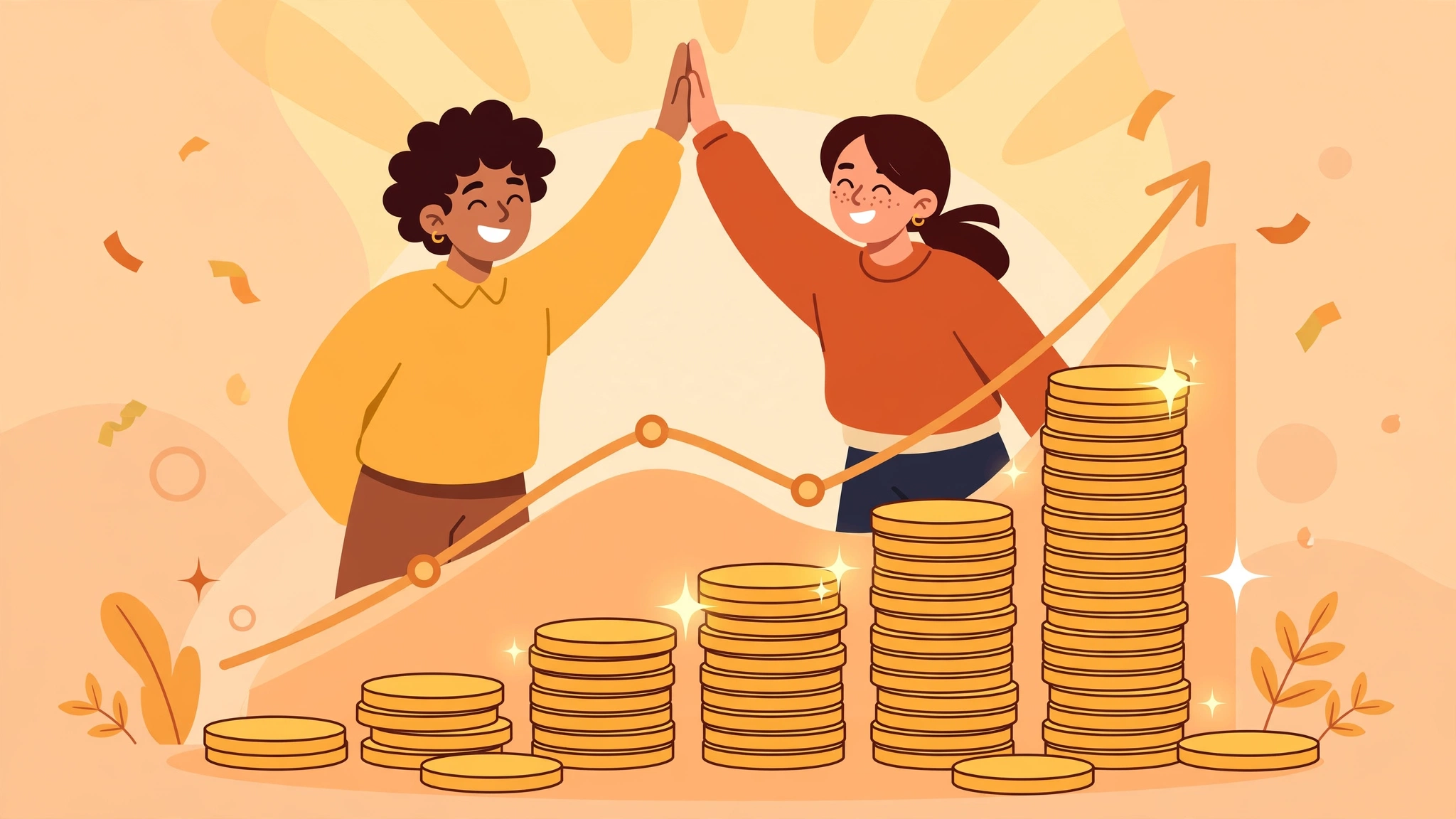 Happy couple celebrating savings growth with a rising chart