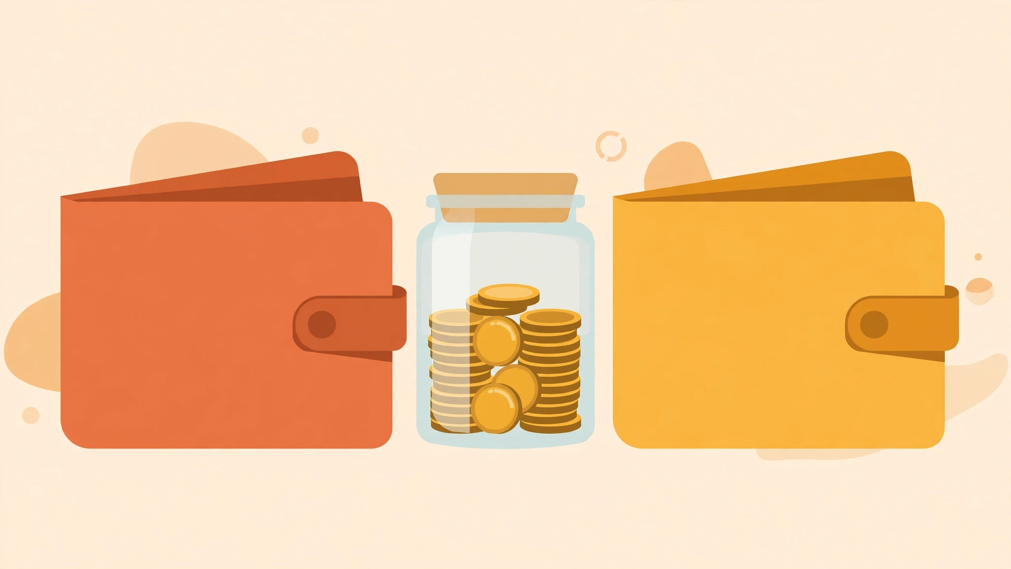 Two wallets and a shared savings jar showing how to split finances in marriage