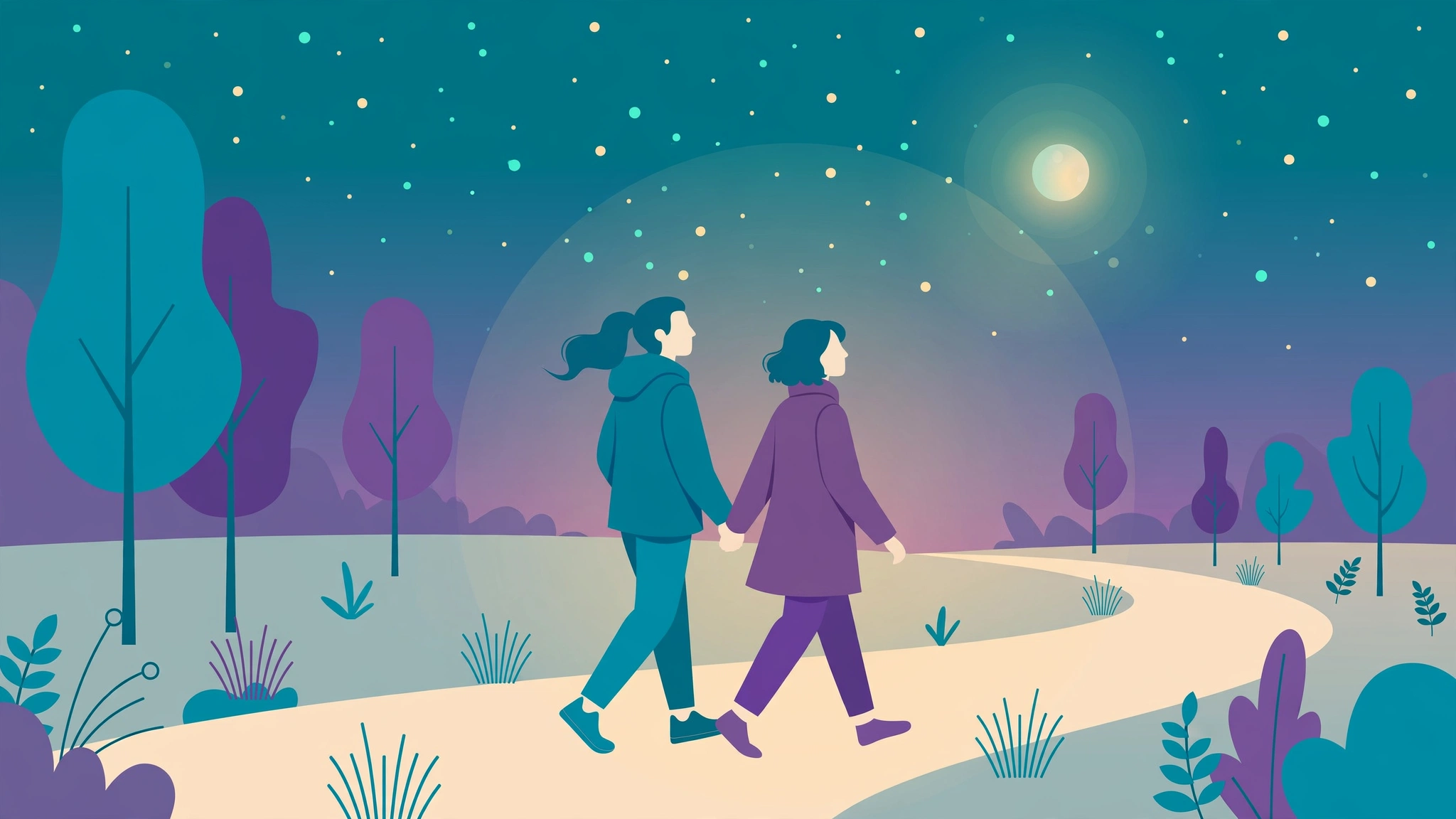 Couple walking hand in hand under stars after learning how to talk about sexual needs with partner