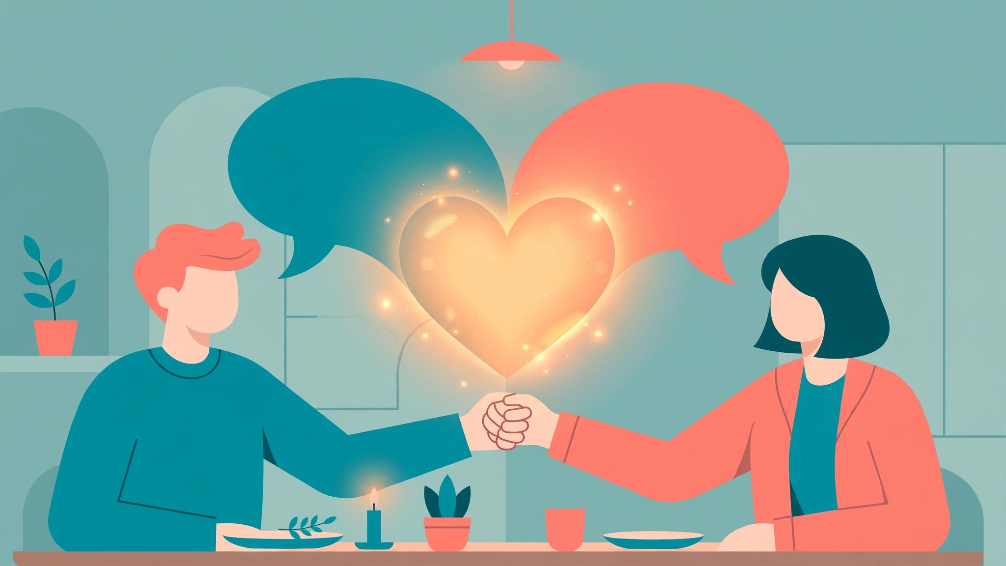 Speech bubbles forming a heart between a couple learning how to talk about sexual needs with partner
