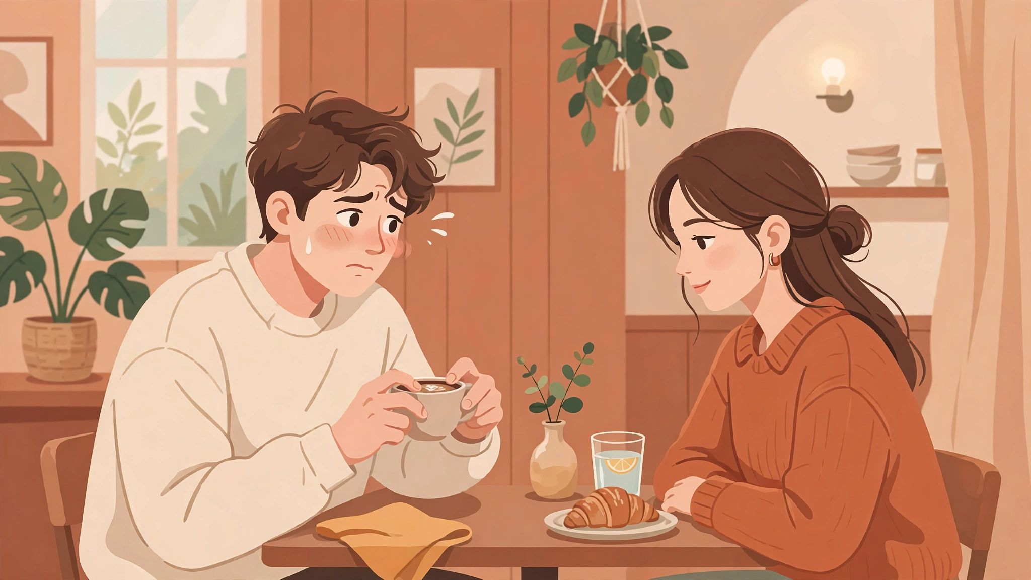 Shy guy fidgeting with a coffee cup while stealing glances — nervous signs he likes you
