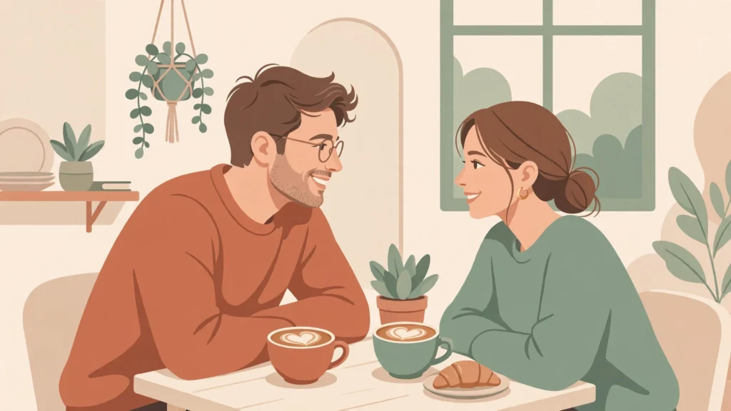 How to tell if a guy likes you — couple on a coffee date, man leaning in with warm eye contact
