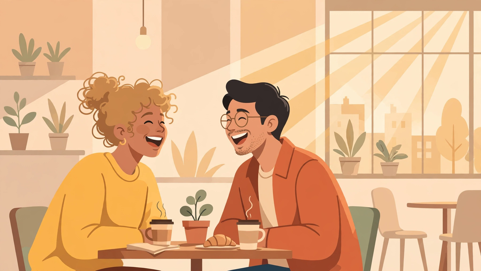 Happy couple laughing together on a relaxed first coffee date