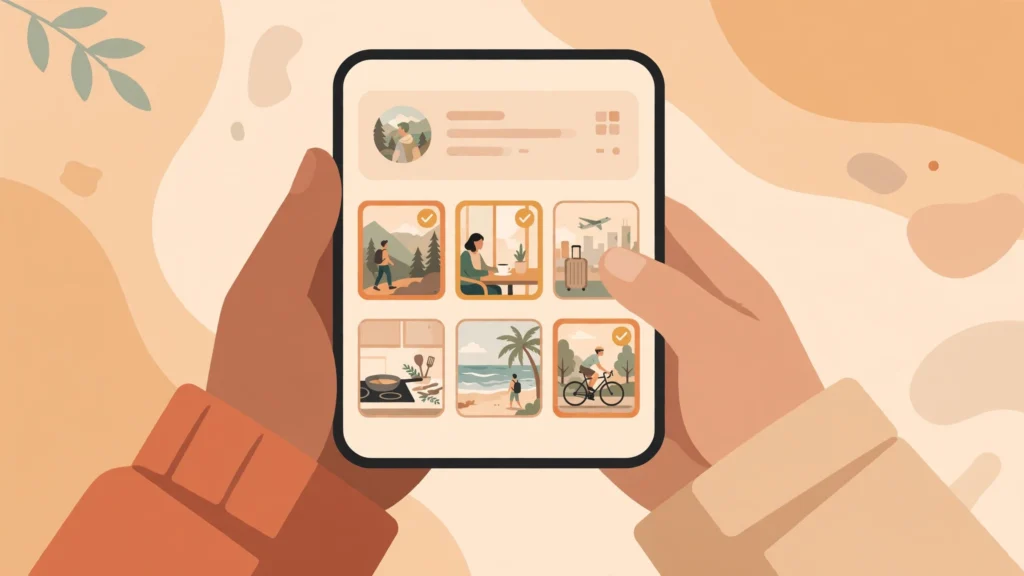 Smiling person learning how to write a dating profile on a smartphone