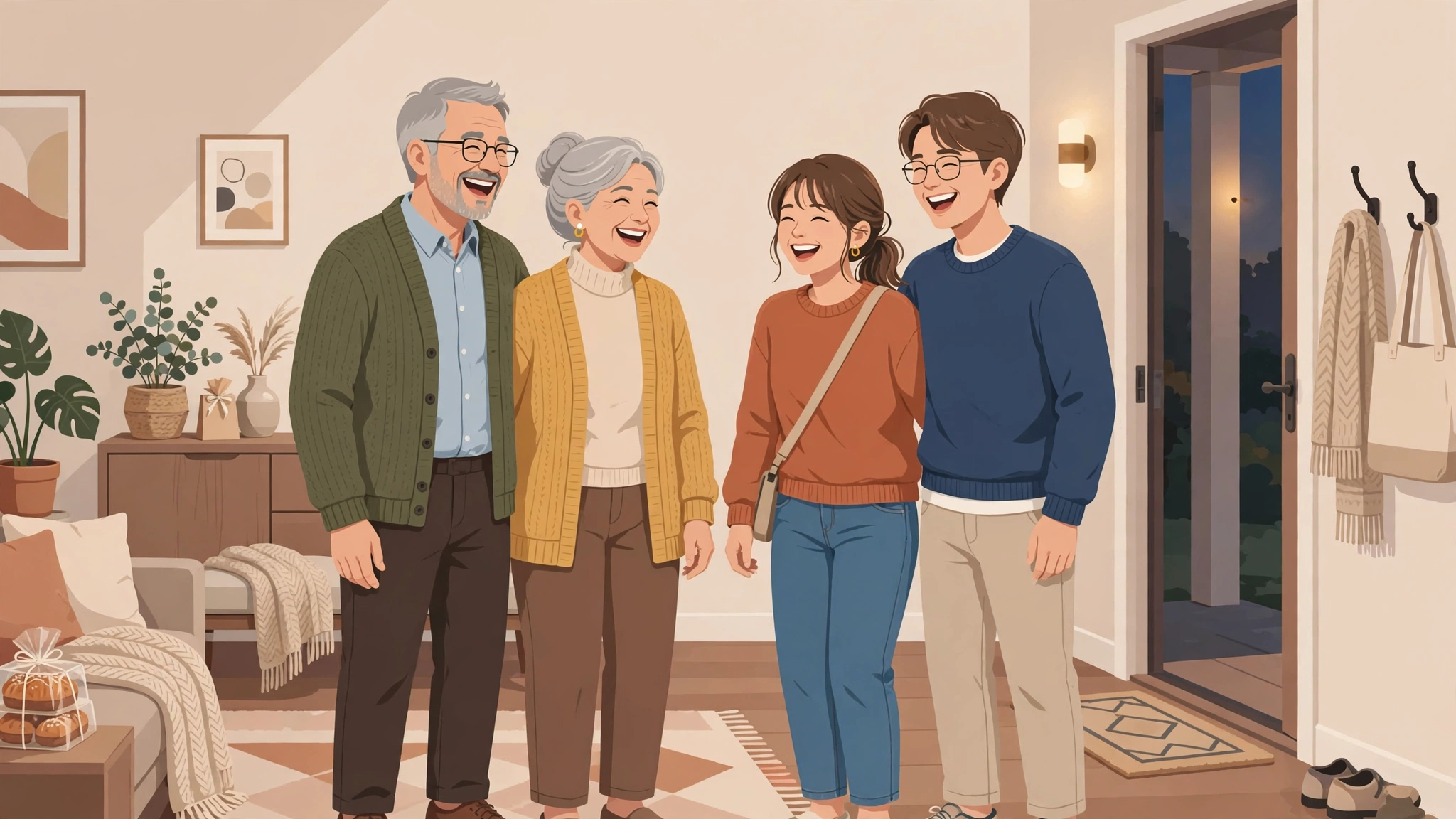 Happy couple and parents laughing together after a successful first meeting