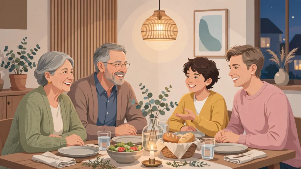 Introducing partner to parents at a warm family dinner table