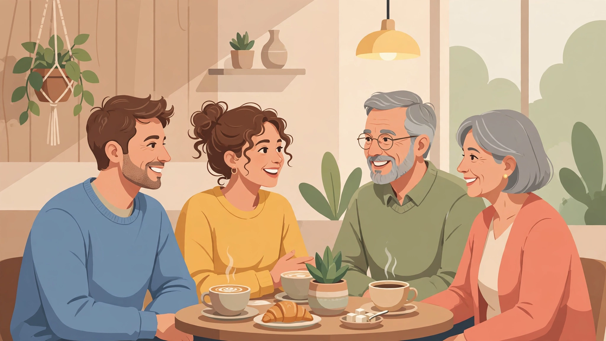 Partner meeting parents over coffee in a calm, relaxed setting