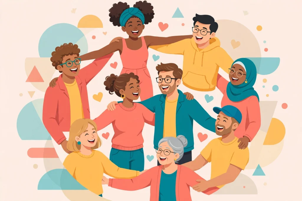 Couple keeping friendships in a relationship, surrounded by a circle of happy friends