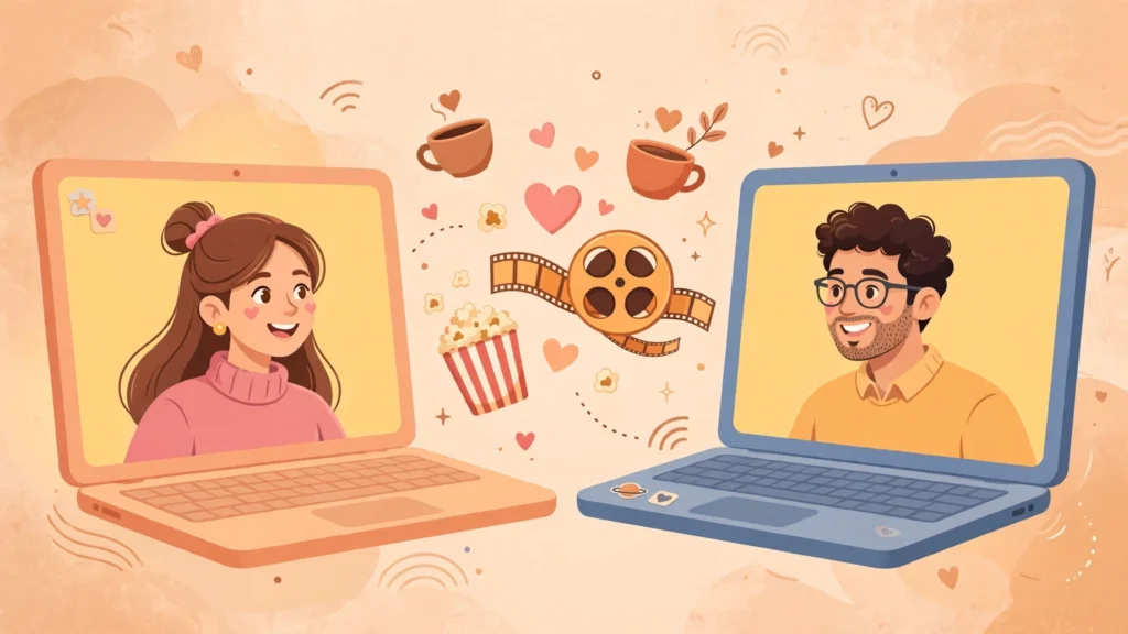 Couple enjoying long distance date ideas virtual on a video call with hearts and popcorn