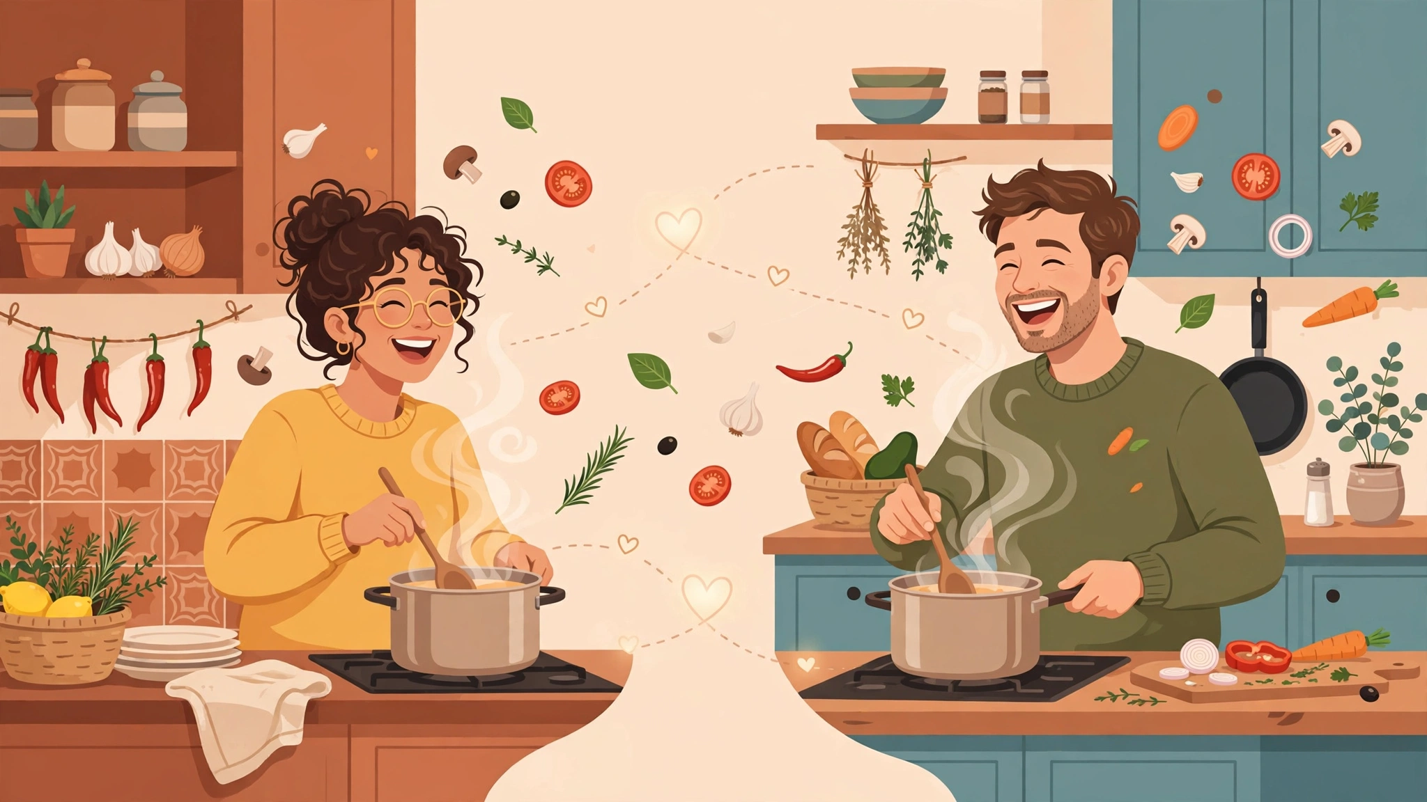 Couple cooking the same recipe together over a video call as one of the long distance date ideas virtual