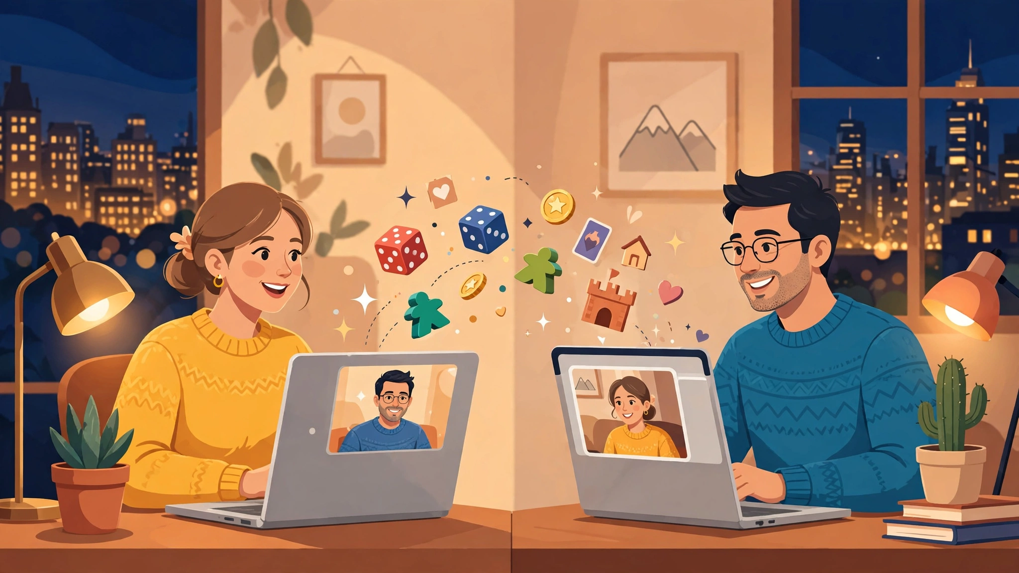 Couple playing an online board game on a video call from the long distance date ideas virtual list