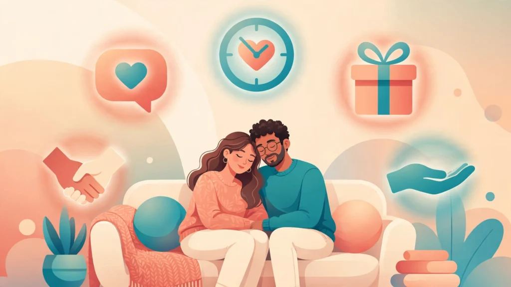 Couple learning how love languages in relationships work, surrounded by icons of the five love languages