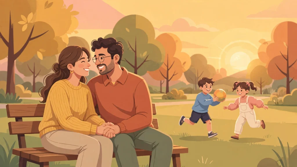 Couple reconnecting in their marriage after having kids at sunset