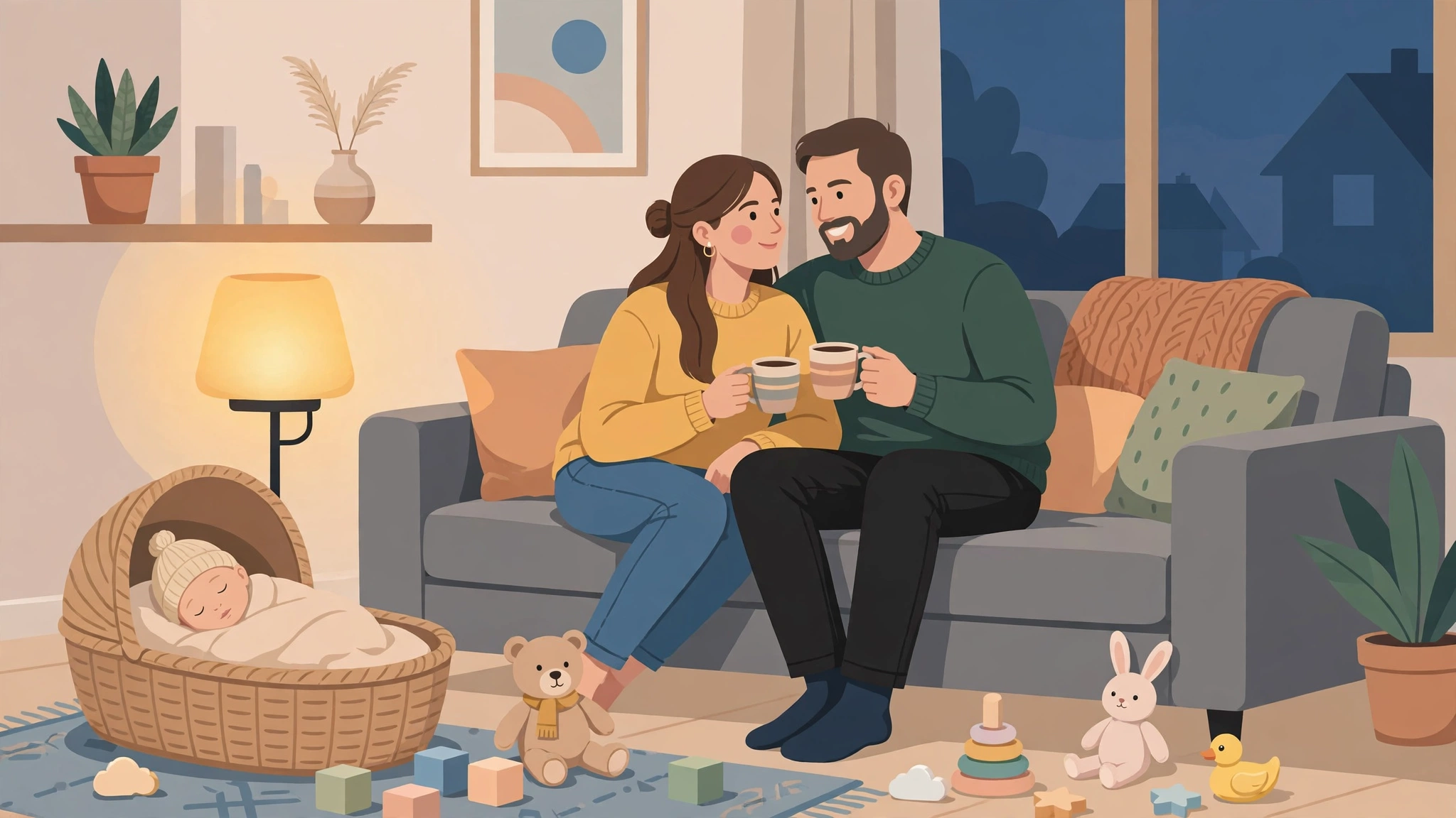 Parents sharing a quiet evening together after putting the baby to sleep