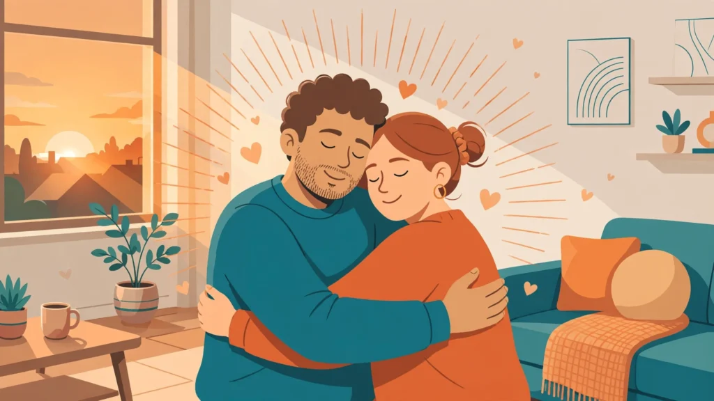Partners sharing a long hug during marriage counseling exercises at home